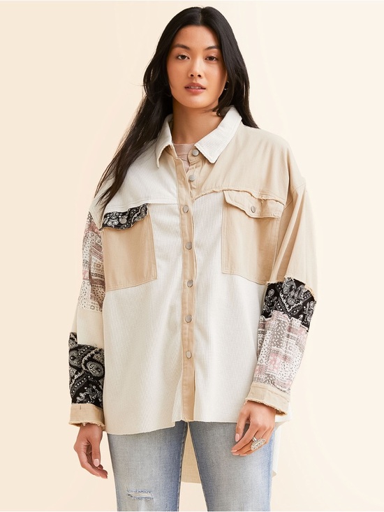 POL Tops - POL Patchwork Down Shirt Jacket - Beige, Cream, Black